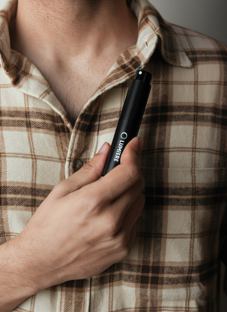 Person holding a black pen with a visible brand logo against a plaid shirt background